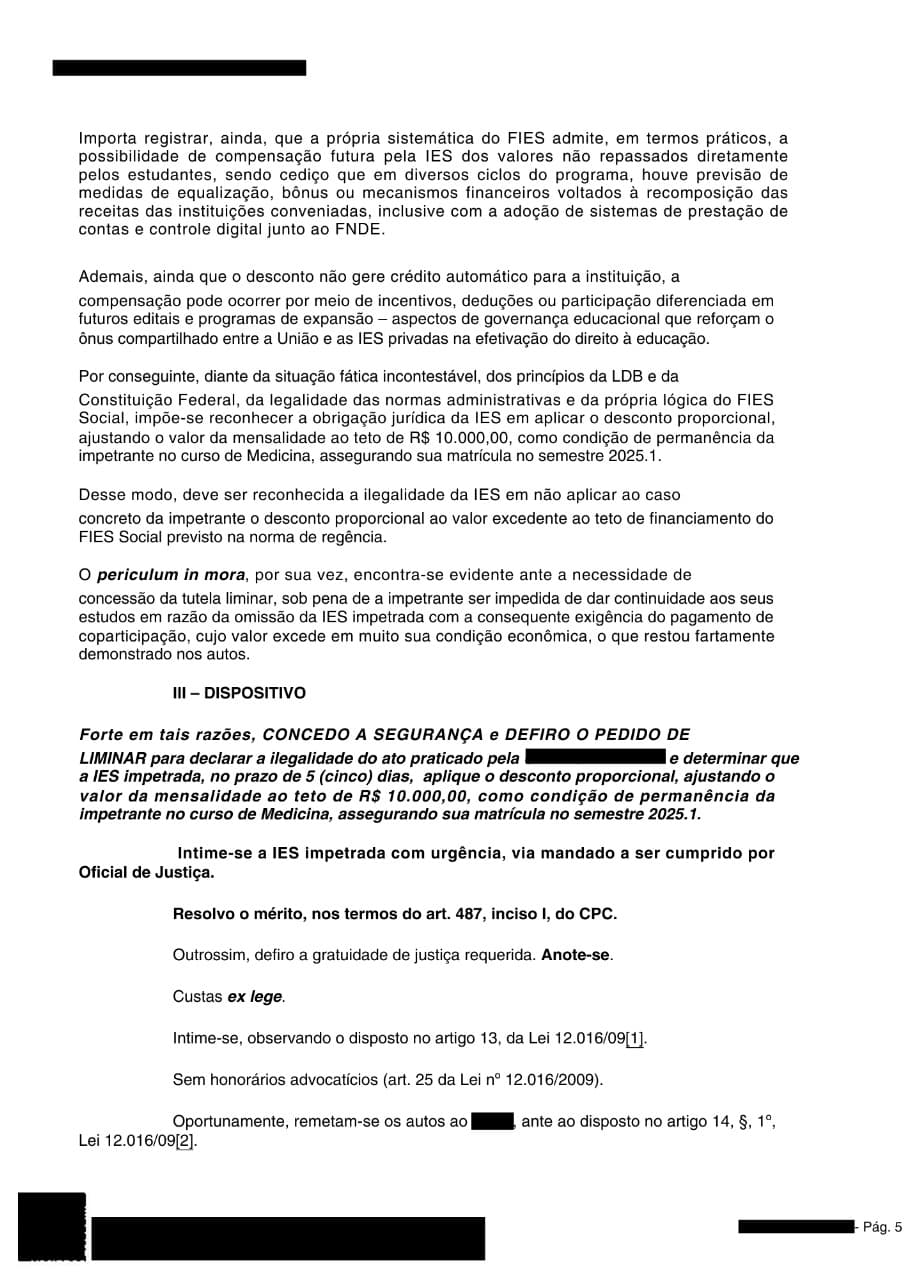 Decisão judicial favorável transferência FIES Medicina