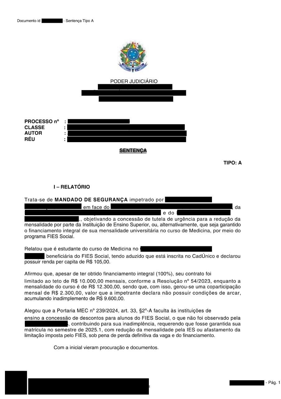 Decisão judicial favorável transferência FIES Medicina